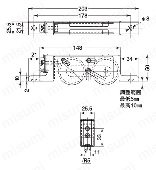 ２連式重量横調整戸車 外形図