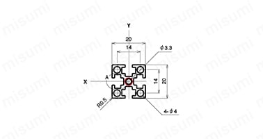 AFS-2020-4の寸法図 赤丸：規格タップ位置