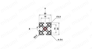 AFS-2020-4-BKの寸法図 赤丸：規格タップ位置