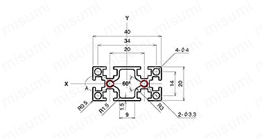 AFS-2040-4の寸法図 赤丸：規格タップ位置