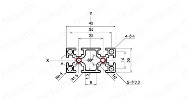 AFS-2040-4-BKの寸法図 赤丸：規格タップ位置