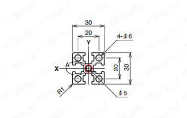 AFS-3030-6の寸法図 ○：NIC規格タップ位置