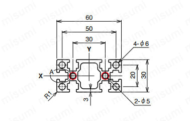 AFS-3060-6の寸法図 ○：NIC規格タップ位置