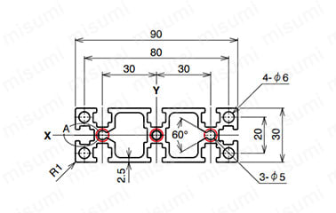 AFS-3090-6の寸法図 ○：NIC規格タップ位置