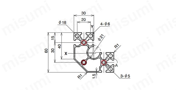 M6シリーズ ヘビー級 AFSC-606030の寸法図 ○NIC規格タップ位置
