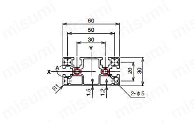 AFSF-3060L-6の寸法図 ○：NIC規格タップ位置