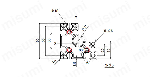 M6シリーズ ヘビー級 AFSL-606030の寸法図 ○NIC規格タップ位置