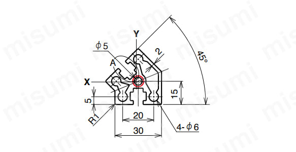AFSV-3045-6の寸法図 ○NIC規格タップ位置
