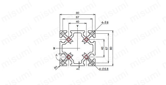 M8シリーズ ヘビー級 AFS-8080の寸法図 ○NIC規格タップ位置