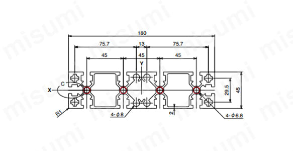 M8シリーズ スタンダード級 AFS-45180Lの寸法図 ○NIC規格タップ位置