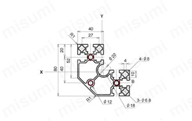 AFSC-808040-8の寸法図 赤丸：規格タップ位置