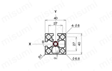 AFST-4040L-8の寸法図 赤丸：規格タップ位置