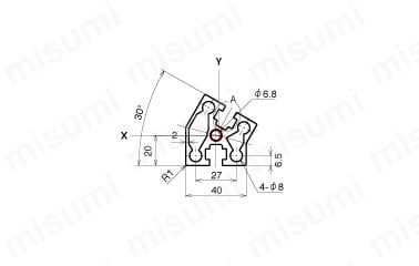 AFSV-4030-8の寸法図 赤丸：規格タップ位置