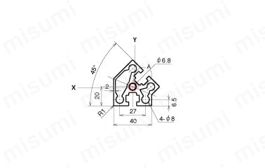 AFSV-4045-8の寸法図 赤丸：規格タップ位置