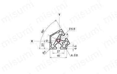 AFSV-4060-8の寸法図 赤丸：規格タップ位置