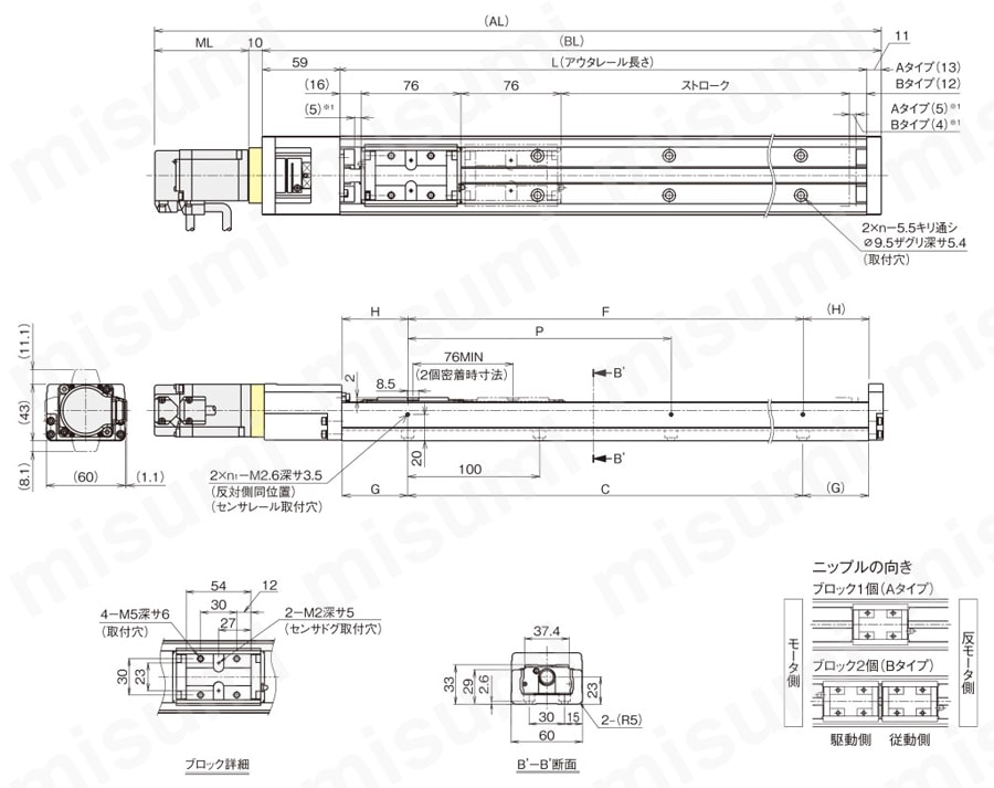 アクチュエータ　SKR33 カバー無し モータ直結外形図