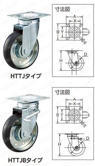 ハイテンプレス製ゴムキャスター　自在金具付:関連画像