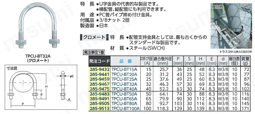 PC管用Uボルト クロメート 呼び径A ねじ径W3/8:関連画像