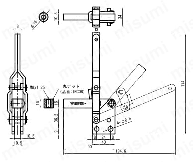 下方押え型トグルクランプ（垂直ハンドル式） TD34/TD35 TD35S外形図