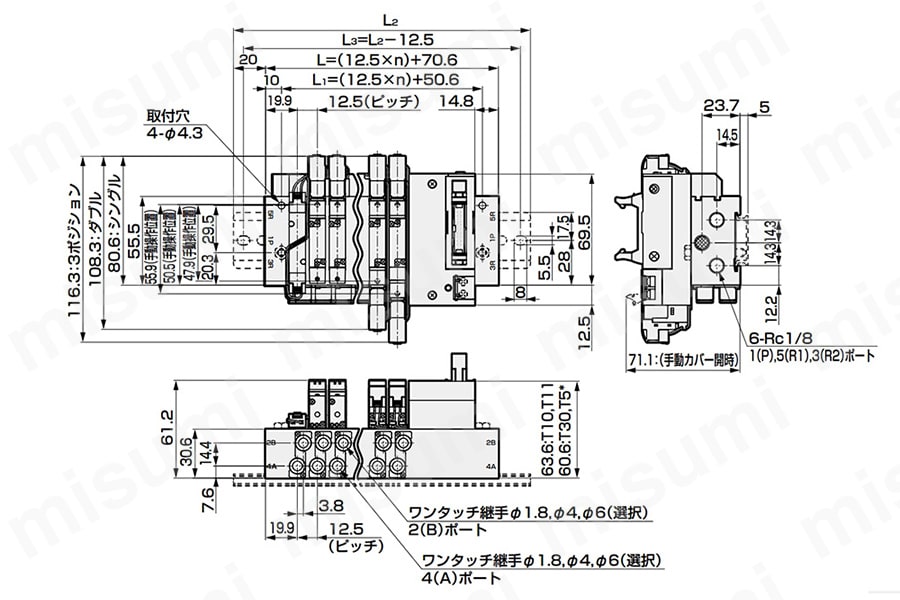 省配線 右側タイプの外形寸法図