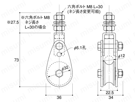 リキドーブロック1車32mmボルトタイプ 外形図01