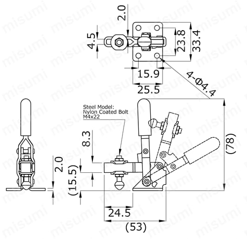 下方押さえ型クランプ クランプ時ハンドル縦型 No.HV150 外形図