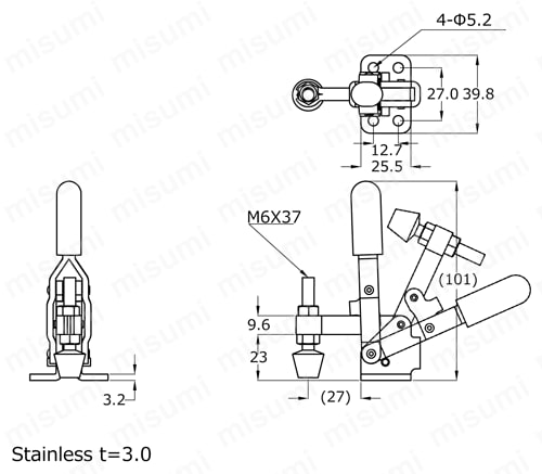 下方押さえ型クランプ クランプ時ハンドル縦型 No.HV250 外形図