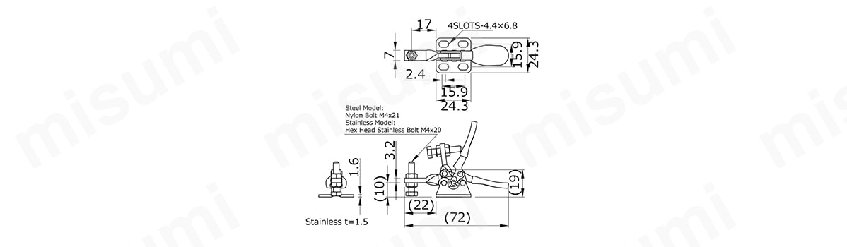 下方押さえ型クランプ NO.HH150-2Sの寸法図