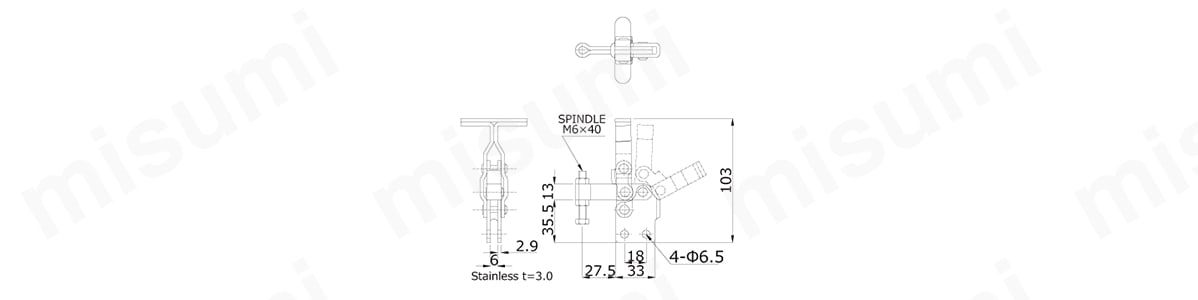 下方押さえ型クランプ 40S-2Sの寸法図