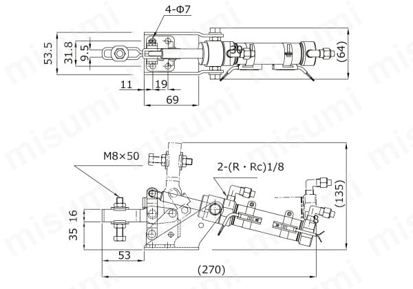 エアークランプ Sシリーズ下面押さえ型 No.AC-450-S 外形図