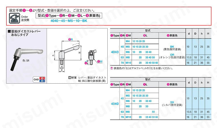 クランプレバー 亜鉛ダイカストレバー おねじタイプ 製品仕様