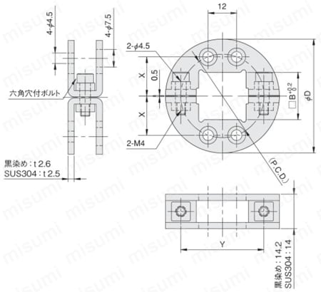 シャフトブラケット ノーマルタイプ 角シャフト用 外形図