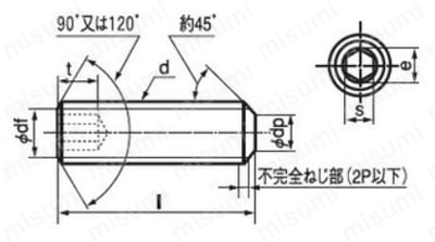 六角穴付 止めねじ 平先 豊栄鉄工製【1～2,000個入り】　外形図