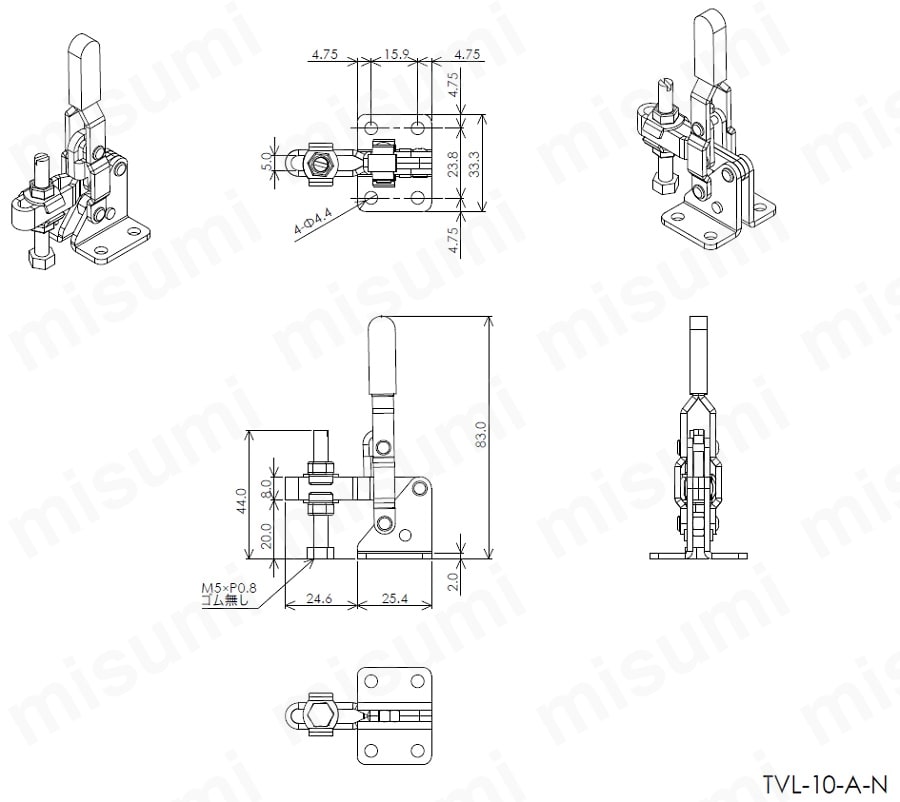 トグルクランプ ハンドル立型 TVL-10-A-N クランプ力調整タイプ:関連画像