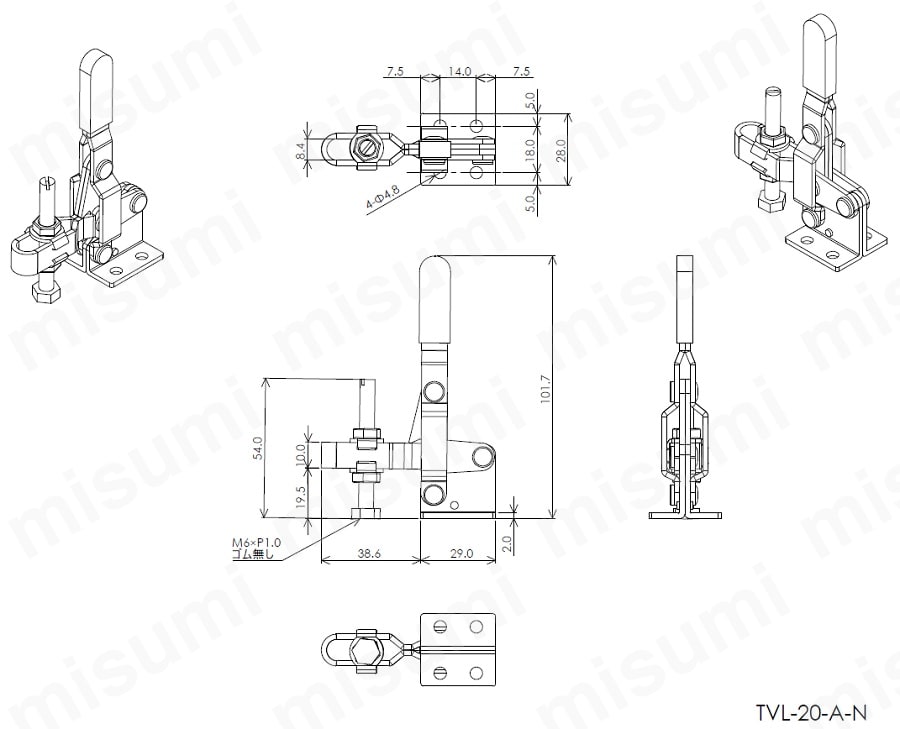 トグルクランプ－ハンドル立型 TVL-20-A-N クランプ力調整タイプ:関連画像