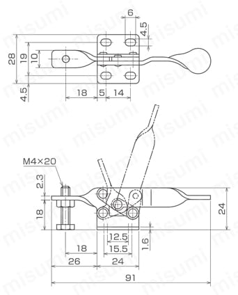 育良 下方押え型トグルクランプ 水平ハンドル ISK-010 外形図