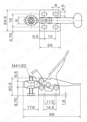 育良 下方押え型トグルクランプ 水平ハンドル ISK-040 外形図