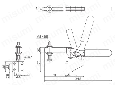 下方押え型トグルクランプ 水平ハンドル ISK-38CS0／38CL0 ISK-38CL0外形図