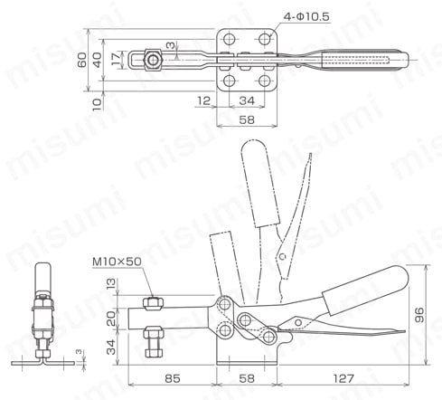 下方押え型トグルクランプ 水平ハンドル ISK-38KL0 外形図