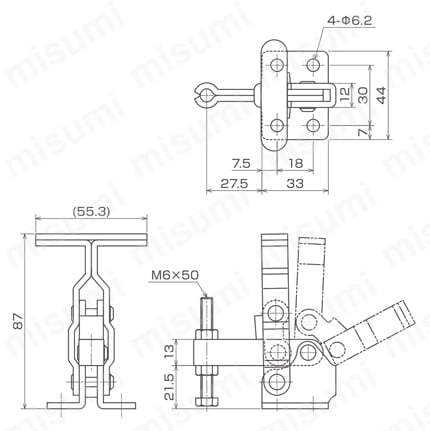 下方押え型トグルクランプ 垂直ハンドル ISK-40P0 外形図