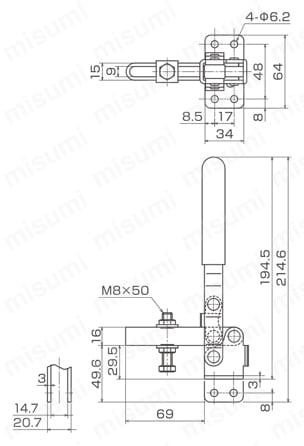 下方押え型トグルクランプ 垂直ハンドル ISK-41BS0／41BM0 ISK-41BS0/ISK-41BSS0外形図
