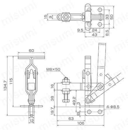 育良 下方押え型トグルクランプ 垂直ハンドル ISK-42P0/42S0 外形図