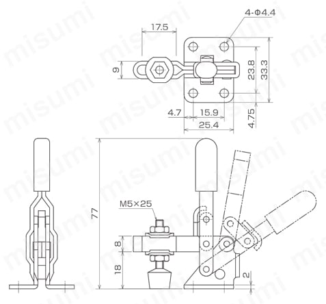 下方押え型トグルクランプ 垂直ハンドル ISK-HV1500 外形図