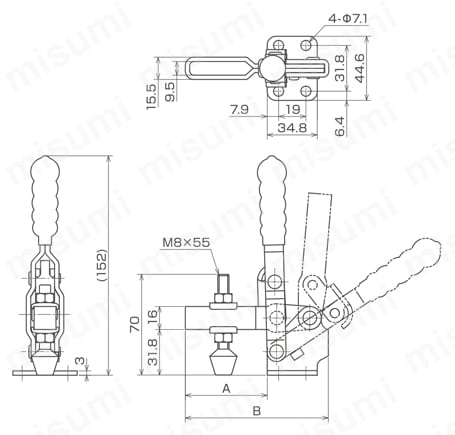 下方押え型トグルクランプ 垂直ハンドル ISK-HV4500／4530 外形図