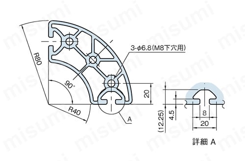 Line8 R40/80-90°ラウンドプロファイル RPH48 外形図
