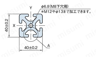 Line8 ストラットプロファイル 40X40（1列溝X1列溝 4面溝）（SPH） 外形図