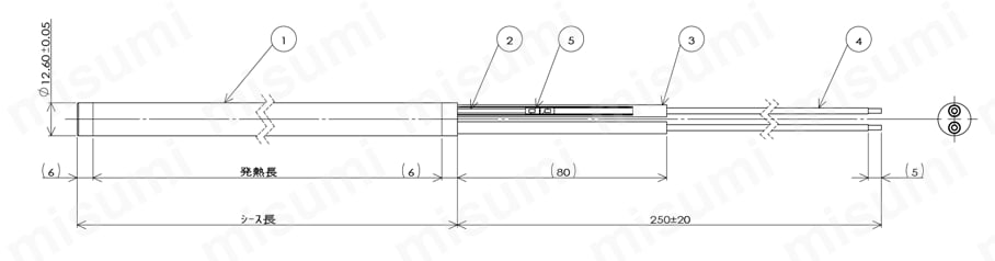 高温用カートリッジヒーター TYPE A　φ12.6外形図