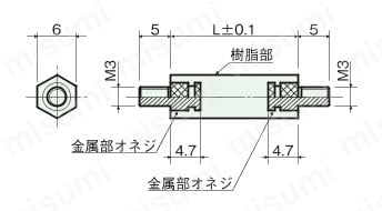 PPS スペーサー（六角）インサート一体成型/EMP-E 外形図