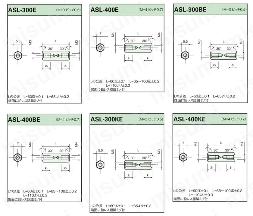 アルミスペーサー（六角） ASL-E/-KE/-BE 外形図