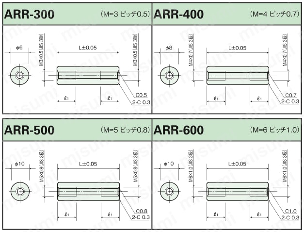 セラミックススペーサー（丸型・両メネジ）/ARR 外形図